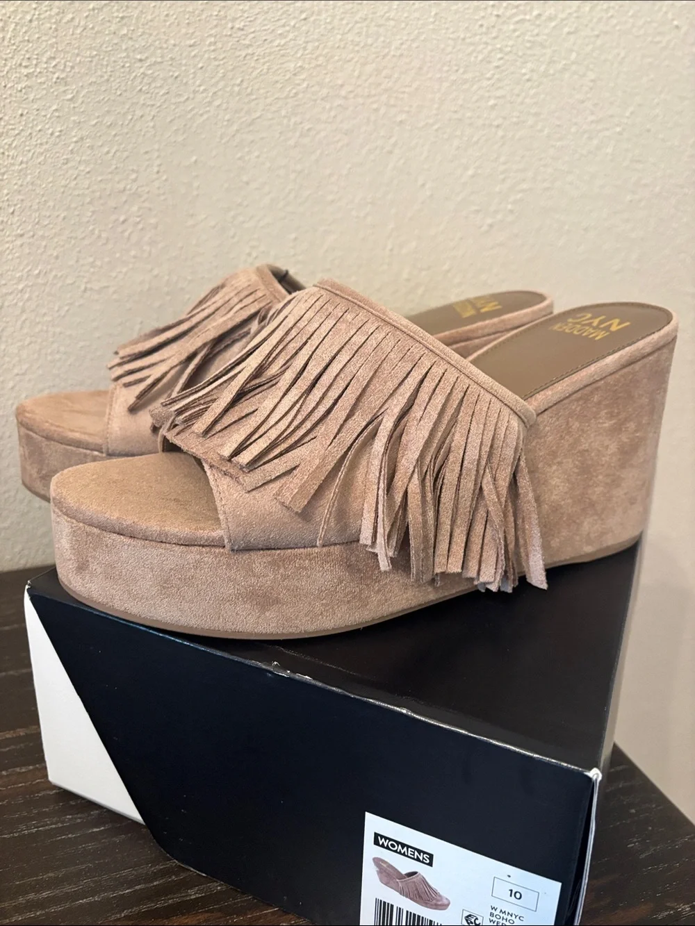 Madden NYC Women's Tan Suede Fringe Boho Platform Wedge Sandals - Size 10